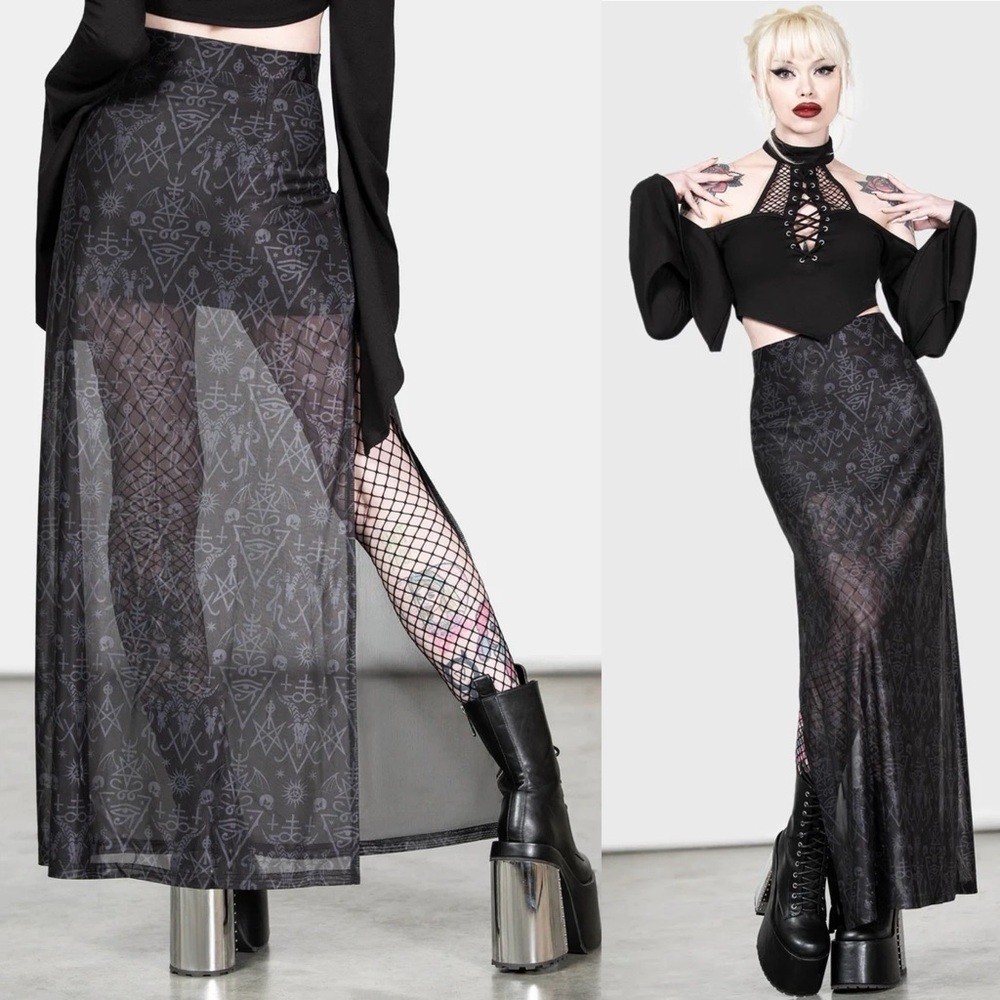 Killstar Baphy Maxi Sheer Stretch Mesh Skirt Skulls Witchy Goth Punk